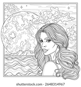 A woman near the ocean and the full moon in a round frame.Coloring book antistress for children and adults. Illustration isolated on white background.Zen-tangle style. Hand draw