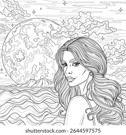 A woman near the ocean and the full moon.Coloring book antistress for children and adults. Illustration isolated on white background.Zen-tangle style. Hand draw