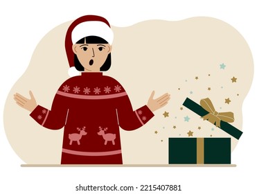 A woman near an open Christmas or New Year's gift. Gift box for winter holidays. Vector flat illustration