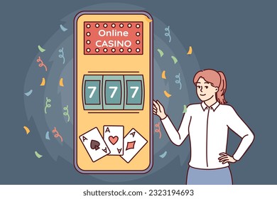 Woman near phone with online casino offers to use gambling applications with possibility of getting jackpot. Giant smartphone with internet casino website for games with big cash prize