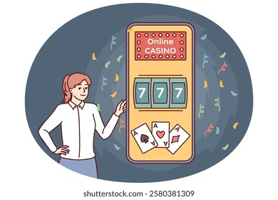 Woman near phone with online casino offers to use gambling applications with possibility of getting jackpot. Giant smartphone with internet casino website for games with big cash prize