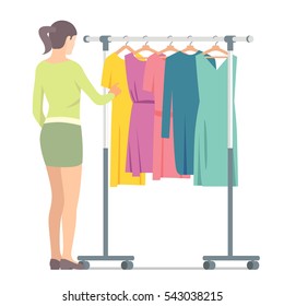 Woman near rack with clothes. Vector isolated illustration on white background