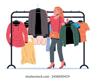 Woman Near Rack with Clothes. Womens Clothes on Hanger. Home or Shop Wardrobe. Clothes and Accessories. Various Hanging Clothing. Jacket, Shirt, Jeans, Pants. Cartoon Flat Vector Illustration