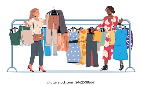 Woman Near Rack with Clothes. Womens Clothes on Hanger. Home or Shop Wardrobe. Clothes and Accessories. Various Hanging Clothing. Jacket, Shirt, Jeans, Pants. Cartoon Flat Vector Illustration