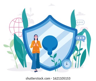 Woman near a shield covering from attacks. Security password. Vector illustration for web banner, infographics, mobile. Protection, insurance, from business dangers concept. 