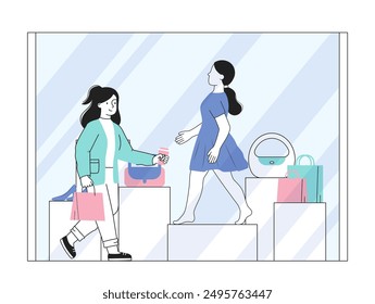 Woman near shop window. Young girl walks next to boutique window. Shopaholic near shopping center. Fashion, trend and style. Linear vector illustration isolated on white background