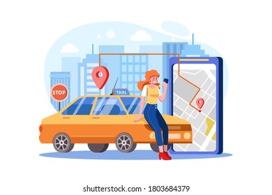 Woman near smartphone screen with route and points location on a city map on the car