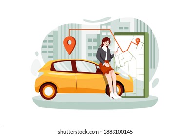 Woman near smartphone screen with route and points location on a city map on the car