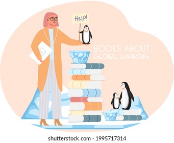 Woman near stack of books with information about global warming. Group of penguins on ice floe need help, suffer, change climate at North Pole. Antarctic landscape, snow mountains hills winter nature