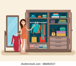 Woman near wardrobe for cloths with mirror. Girl try clothing. Closet with bags, boxes and shoes. Flat style vector illustration.