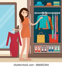 Woman near wardrobe for cloths with mirror. Girl try clothing. Closet with bags, boxes and shoes. Flat style vector illustration.