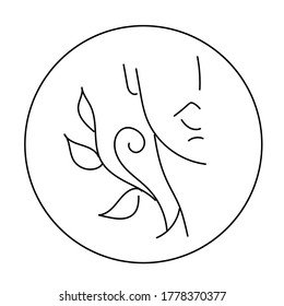 Woman, neck, face, lips, neck. Part of a woman's face with flowers. Delicate vector black and white hand drawing illustration. Line art. Print design. Logo design, emblem. Cosmetic 
