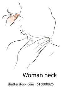 Woman neck. Profile of the female neck. The hand holds and strokes the neck.