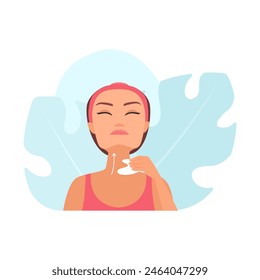 Woman neck skin care, lady massaging skin using gua sha in hand vector illustration