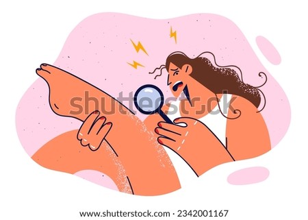 Woman in need of epilation uses magnifying glass and frightenedly examines leg in search of hair. Excited girl sees skin irritation caused by improper epilation or sugaring in beauty salon