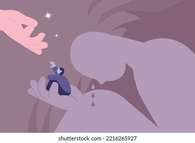 A woman in need sits in the hands of a huge, negative human shadow. A big helping hand appears and is about to take her hand. flat vector illustration.