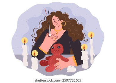 Woman with needle and voodoo doll practices black magic and casts curse on victim, sitting among candles. Witch performs voodoo ritual to remove competitor from business or personal relationship.