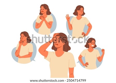 Woman with negative emotions shows different grimaces symbolizing resentment and disgust or hatred. Surprised and thoughtful lady feels negative, due to bad combination of life circumstances