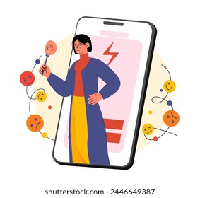 Woman with negative emotions. Young girl with different face masks. Emotional stress and burnout, mental problems and psychological issues. Sad person with bad mood. Cartoon flat vector illustration