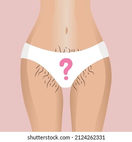 
Una mujer con una zona de bikini descuidada. El pelo largo de los pantalones cortos. Ilustración plana para salón de belleza, spa, skincare. Pregunta sobre la elección de la variante de la epilación. Cera, azúcar, depilación láser