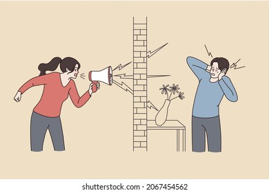 Woman Neighbor Scram Yell In Loudspeaker Annoy Or Bother Man Living Next Door. Neigbour Shouting Loud In Megaphone To Bother Flat Mate. Housing, Renter Problem. Flat Vector Illustration. 