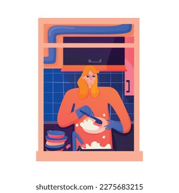 Woman neighbor washing dishes in apartment window flat vector illustration