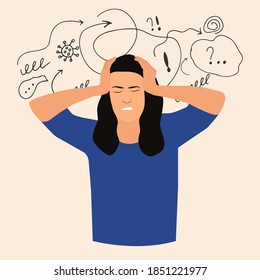 Woman with nervous problem feel anxiety and confusion of thoughts vector flat.Girl with anxiety touch head surrounded by think