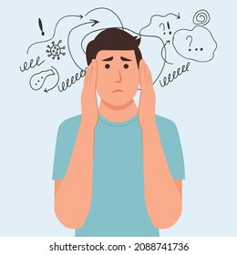 Woman with nervous problem feel anxiety and confusion of thoughts vector flat.Girl with anxiety touch head surrounded by think