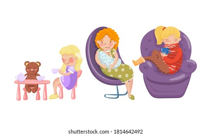Woman Nestling in Armchair and Drinking Hot Tea and Kid Sitting on Chair and Playing Toy Bear Vector Illustration Set