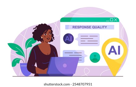 Woman with neural network. Young girl with artificial intelligence. Machine learning and innovation. Automation of computer processes. Flat vector illustration isolated on white background