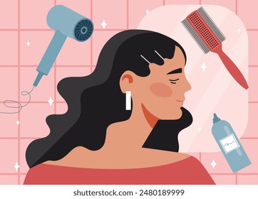 Woman with new hairstyle. Young girl with hairdryer, comb and shampoo. Beauty procedures, aesthetics and elegance. Creams and lotions for haircare. Cartoon flat vector illustration