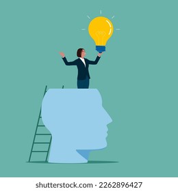 Woman with new illumination lightbulb idea. Creativity to create different business idea or motivation and innovation, think outside the box.  Flat vector illustration.