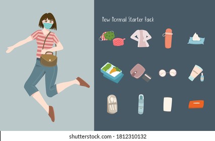 Woman New Normal Starter Pack vector. Healthy New Normal Starter Set Pack. Girl Starter Kit Stock Illustrations