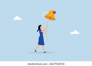 woman new subscriber ringing the big bell with notification number.