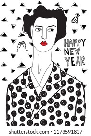 Woman in new year's eve. Black and white illustration. 