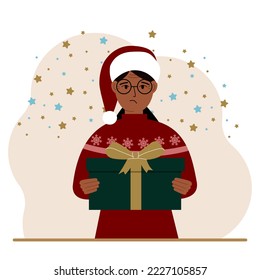 A woman with a New Year's gift. Concept of preparing for Christmas, new year, receiving a gift, christmas sale or secret santa claus. Vector flat illustration