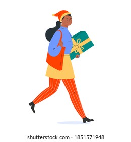 A woman in a New Year's hat carries a holiday gift. Modern young girl goes after shopping. Holiday sale. Preparing for the holiday. Design of festive character. Vector illustration in flat style.