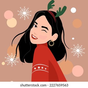 Una mujer con traje de Año Nuevo. Chica de brunette con un suéter de Navidad rojo y alocución en el fondo de las Luces festivas. Ilustración vectorial de una tarjeta de Navidad o Año Nuevo.