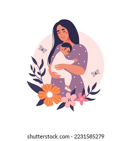 Woman with a newborn baby. Concept of pregnancy, family, motherhood. Flat vector illustration.