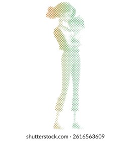Woman with newborn baby in halftone gradient vector illustration cartoon style