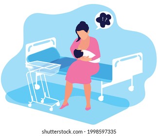 A Woman With A Newborn Baby In Her Arms Alone In A Hospital Ward Staying With A Baby. The First Days Are The Postpartum Period. Many Anxiety Issues, Support Breastfeeding And Maternal Mental Health.