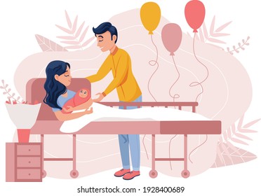 Woman with newborn baby in hospital. Flat design illustration. Vector