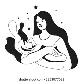 Woman with newborn baby on hands, isolated female character holding kid. Motherhood and maternity, parenting and care for children. Lady after giving birth. Vector in flat style illustration