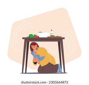 Woman With Newborn Baby Seeks Shelter Under Table During Earthquake, Protecting Herself And Her Child From Falling Debris. Female Character Observe Safety Rules. Cartoon People Vector Illustration