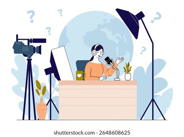 Mulher âncora de notícias. Menina com microfone fica em frente aos holofotes e à câmera. Jornalista e anfitrião. Programa de televisão e transmissão. Ocupação da mídia. Ilustração de vetor linear