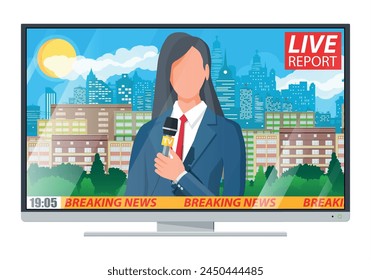 Woman news announcer in the studio. Cityscape with buildings, clouds, sky, sun. Journalism, live report, breaking hot news, television and radio casts concept. Vector illustration in flat style