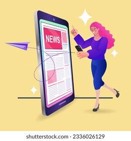 woman with news app. Online reading news. woman is standing near big smartphone and using their own smart phones. people read live publication and articles in newspaper. newsletter information. vector