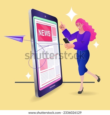 woman with news app. Online reading news. woman is standing near big smartphone and using their own smart phones. people read live publication and articles in newspaper. newsletter information. vector