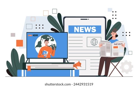 Woman with news concept. Young girl reading newspaaper near smartphone. Mass media information and knowledge on internet. Cartoon flat vector illustration isolated on white background