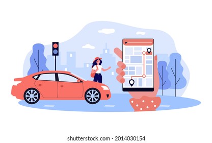 Woman next to car greeting person holding phone with map. Mobile app for finding passengers flat vector illustration. Car sharing, transportation concept for banner, website design or landing page